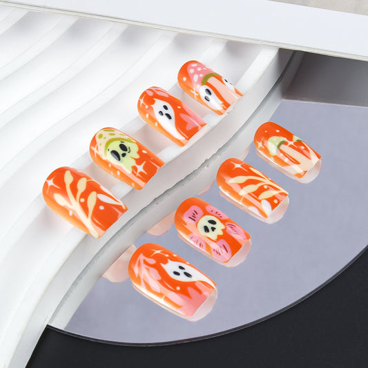 Spooky Autumn Vibes Medium Square Orange Press on Nail Set with Creative Ghost and Floral Designs