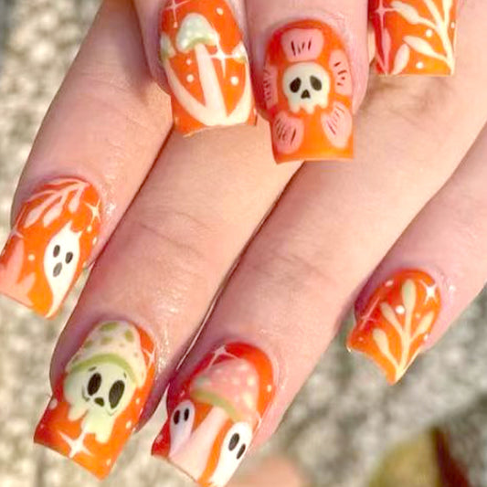 Spooky Autumn Vibes Medium Square Bright Orange with Unique Ghost and Mushroom Art Press On Nail Set