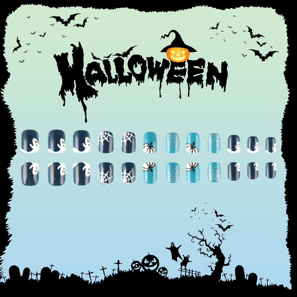 Spooktacular Halloween Short Oval Black and Blue Press On Nail Set with Ghost and Spider Nail Art