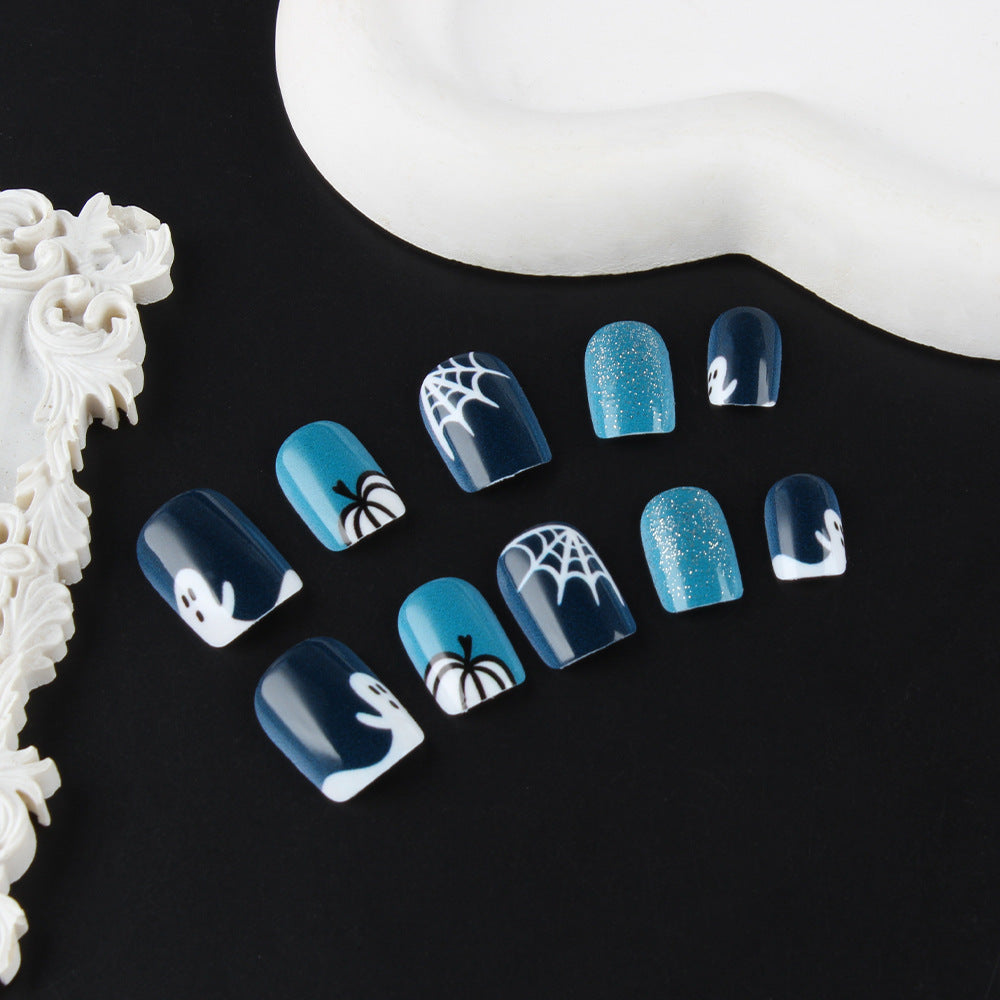 Spooky Night Short Oval Dark Blue Ghost and Spider Nail Set with Glittering Accents