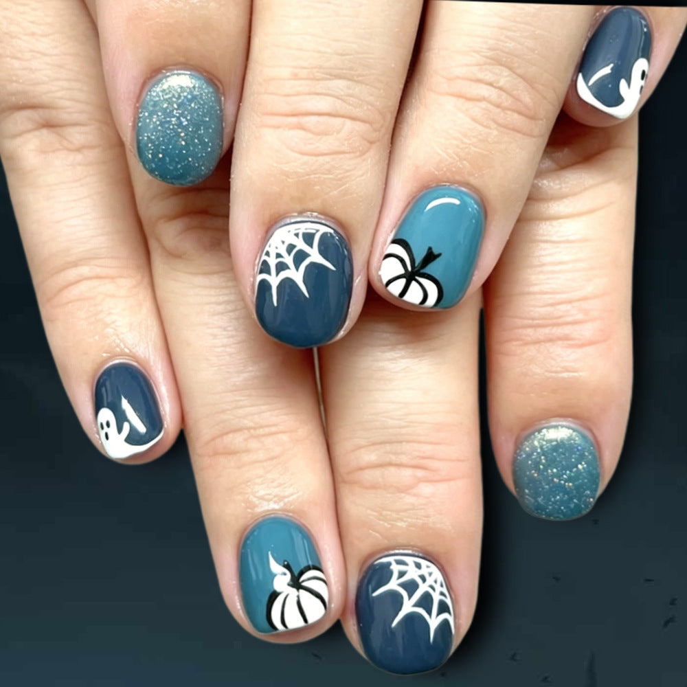 Spooky Seasonal Short Round Teal with Glitter and Halloween Nail Art Set
