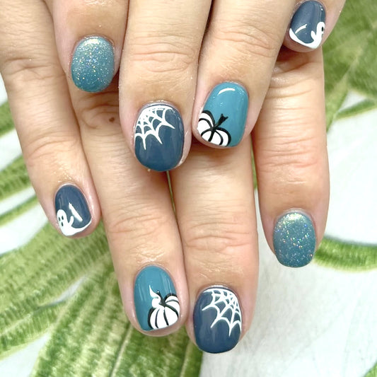 Spooky Autumn Short Oval Turquoise and Gray with Glitter and Halloween Designs Press on Nail Set