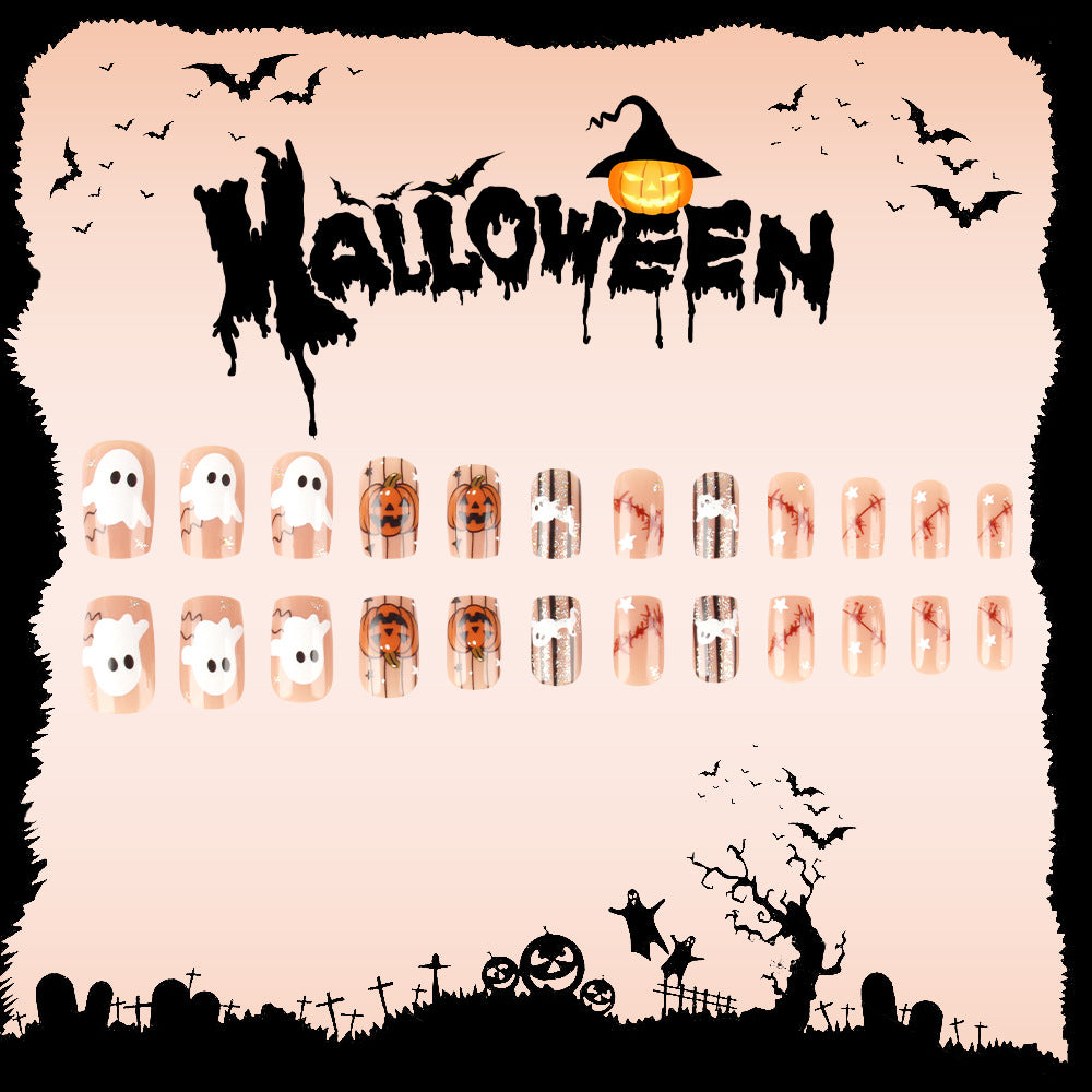 Spooky Charm Medium Square Shape Orange and Black Ghost Theme Press On Nail Set