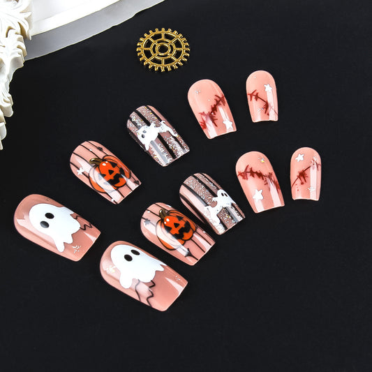 Spooky Spirit Medium Square Peach Ghost and Pumpkin Press On Nail Set