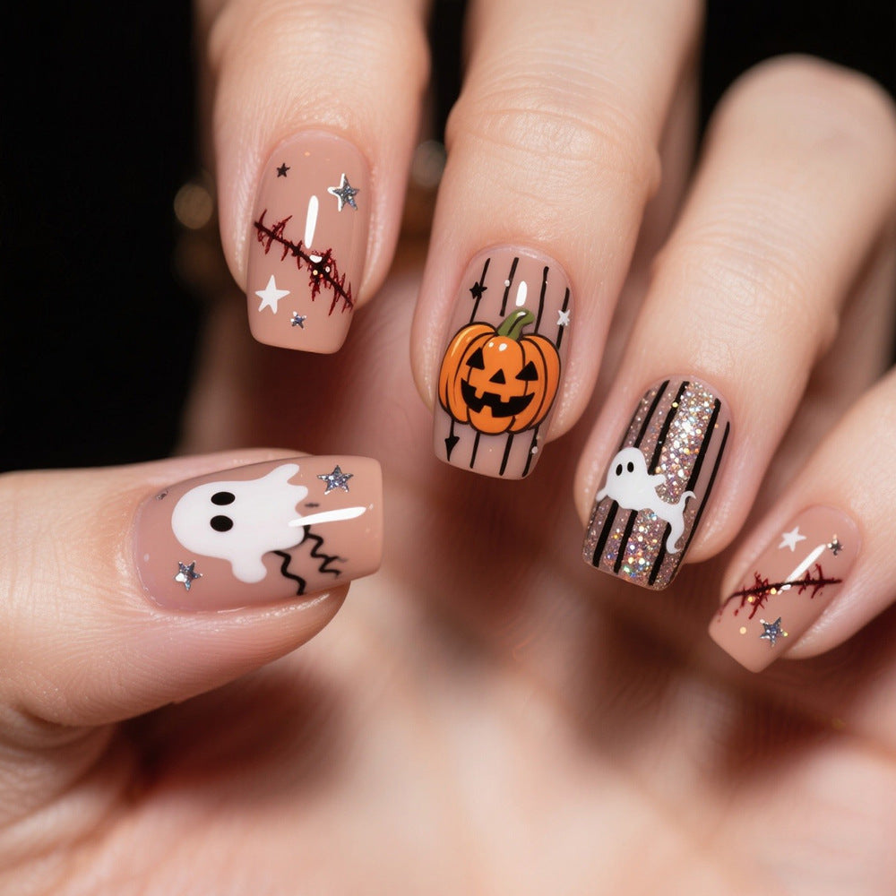 Spooky Celebration Medium Square Almond Shape Beige Color with Halloween Themed Ghost and Pumpkin Designs Press on Nail Set
