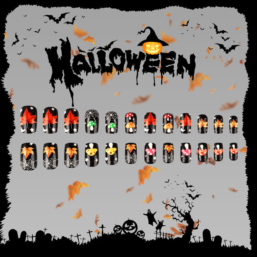 Spooktacular Halloween Medium Square Black and Orange Leaf Press-On Nail Set with Unique Spider Web Design