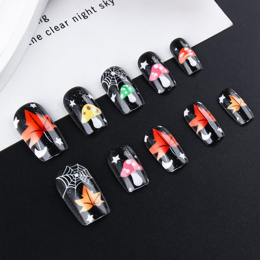 Whimsical Autumn Fantasy Medium Square Black with Colorful Leaves and Enchanting Mushroom Design Press On Nail Set