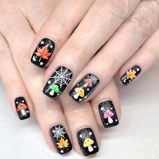Mysterious Forest Medium Square Black Press On Nail Set with Colorful Mushroom and Leaf Designs
