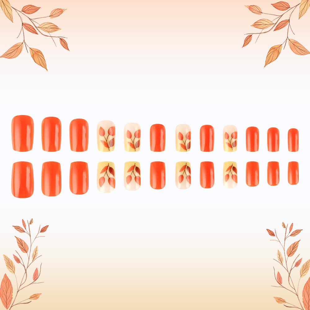 Autumn Delight Medium Square Orange Press On Nail Set with Leaf Art Design