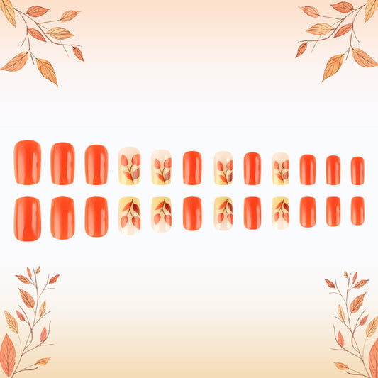 Autumn Delight Medium Square Orange Press On Nail Set with Leaf Art Design