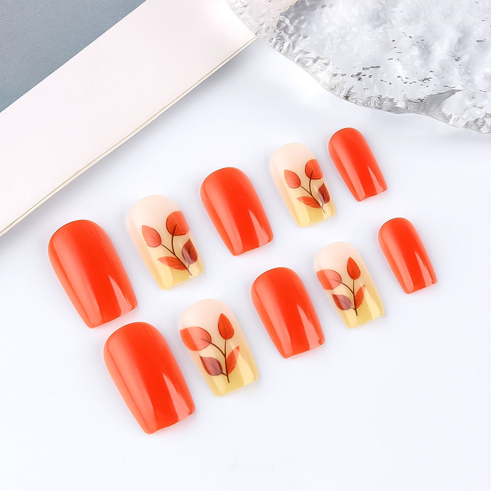 Autumn Harvest Elegant Medium Square Red Press On Nail Set with Beautiful Floral Accent