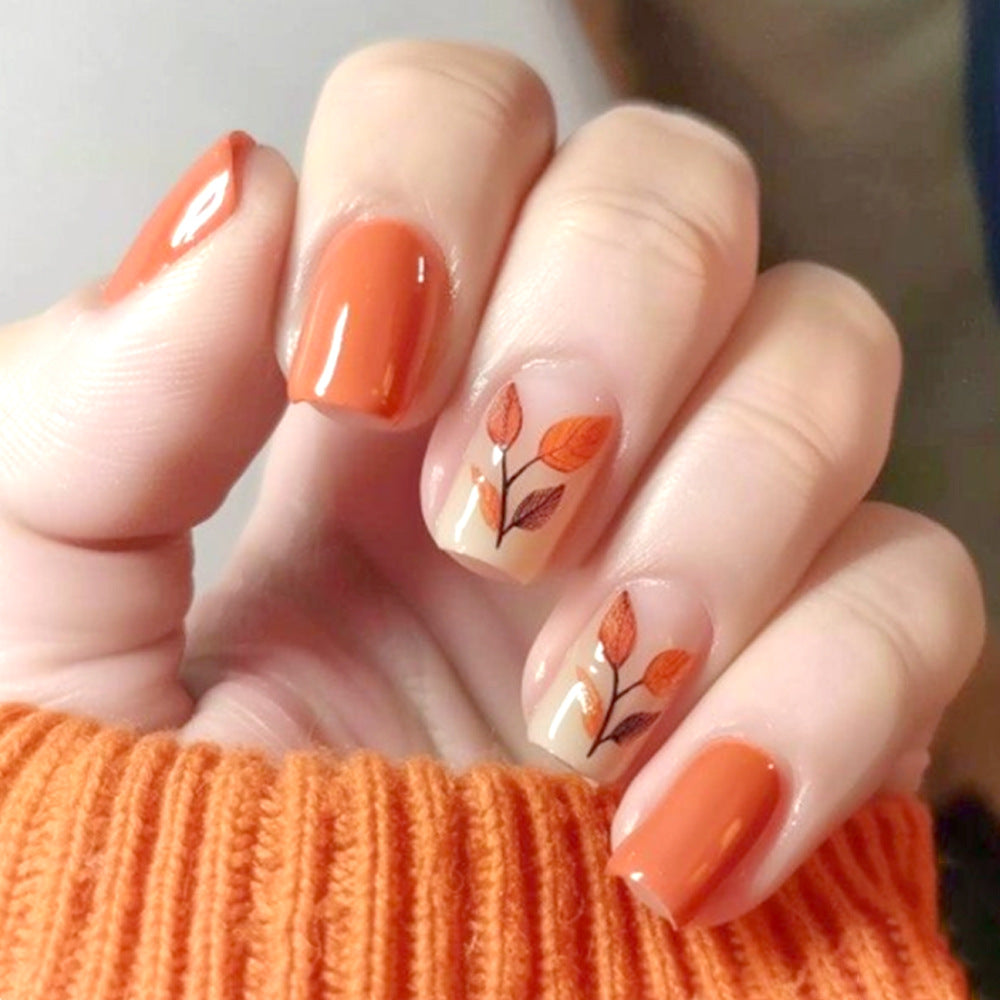 Autumn Bliss Medium Square Orange with Elegant Leaf Design Press-On Nail Set