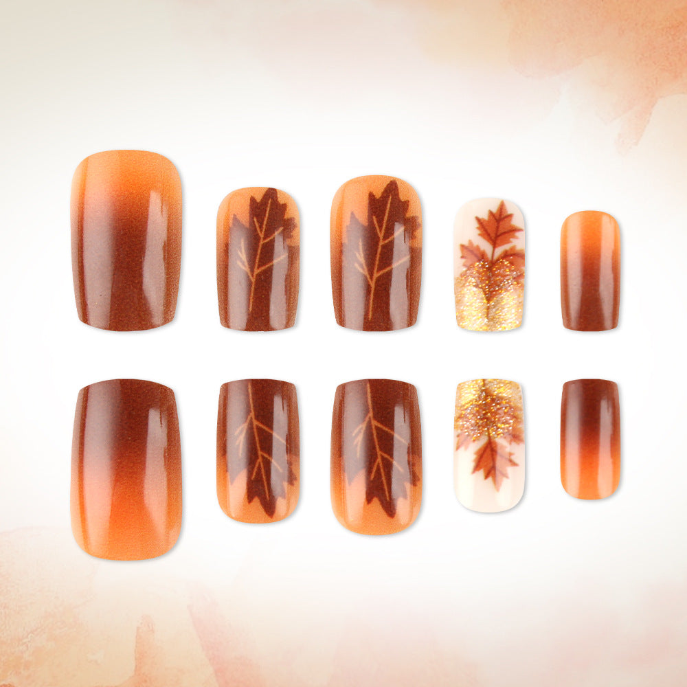 Autumn Elegance Medium Square Orange with Leaf and Glitter Design Press On Nail Set