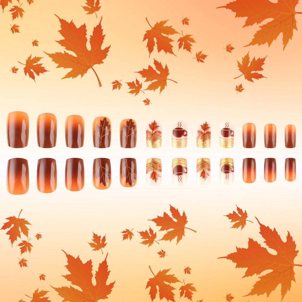 Autumn Vibes Medium Square Gradient Orange with Leaf and Coffee Print Press on Nail Set