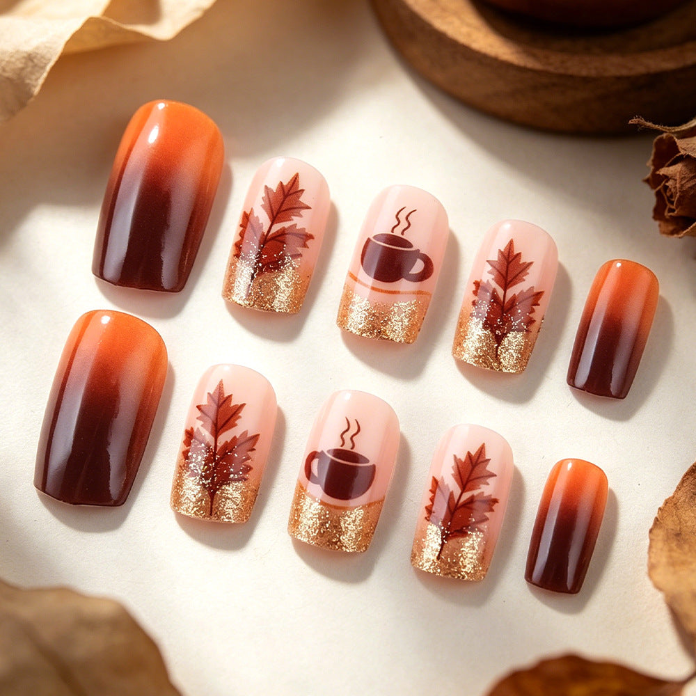 Autumn Vibes Medium Square Brown Ombre with Coffee and Leaf Design Nail Set