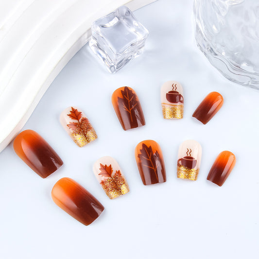 Autumn Spice Medium Square Orange Ombre with Leaf and Coffee Cup Design Press-On Nail Set