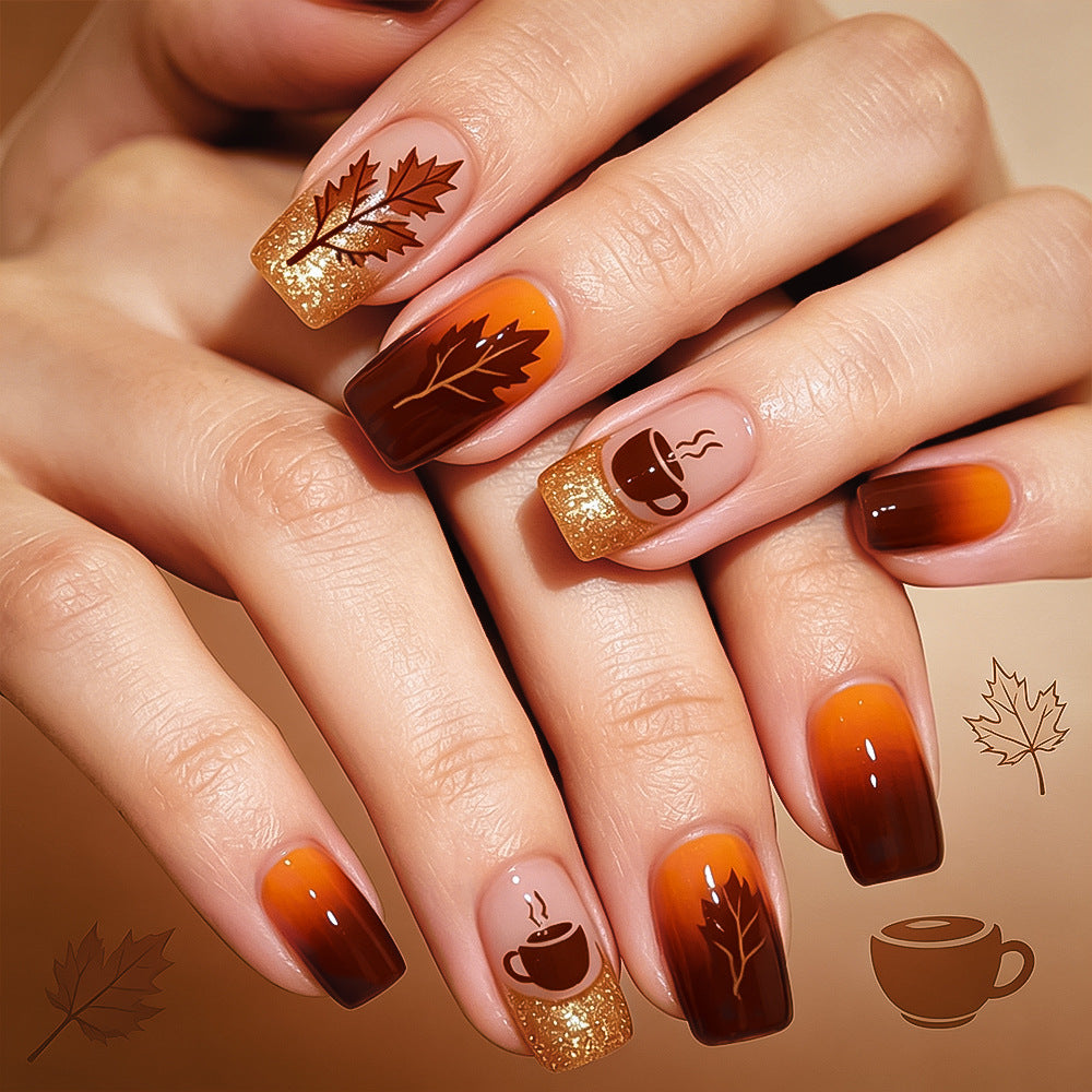 Autumn Bliss Short Square Orange Ombre with Leaf and Coffee Cup Designs Nail Set