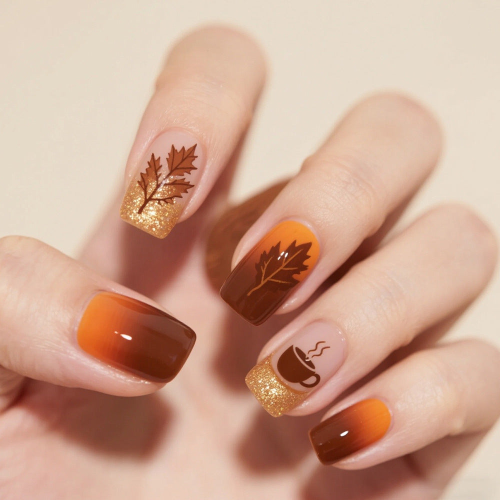 Autumn Bliss Medium Square Orange and Brown Gradient Nail Set with Leaf and Coffee Cup Design