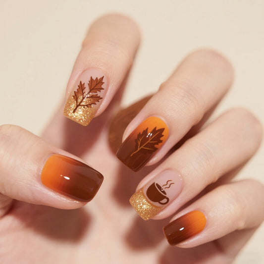 Autumn Bliss Medium Square Orange and Brown Gradient Nail Set with Leaf and Coffee Cup Design