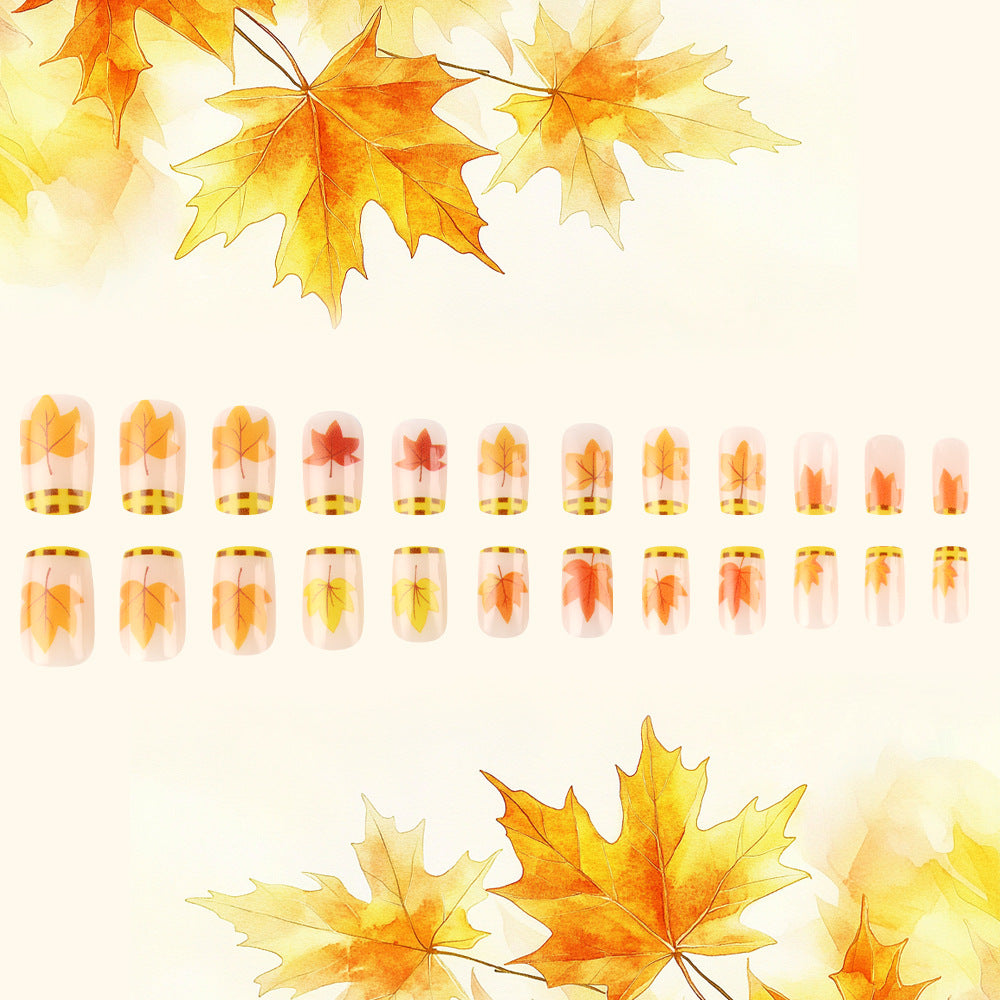 Autumn Bliss Medium Square Square Orange Ombre with Elegant Leaf Design Press-On Nail Set
