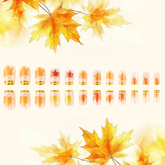 Autumn Bliss Medium Square Square Orange Ombre with Elegant Leaf Design Press-On Nail Set