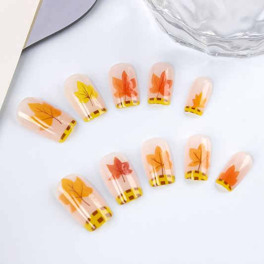 Autumn Elegance Medium Square Transparent Orange and Yellow Leaf Design Press-On Nail Set