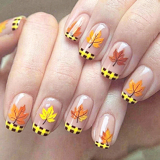 Autumn Enchantment Glossy Medium Square Clear and Yellow with Leaf Design Press-On Nail Set