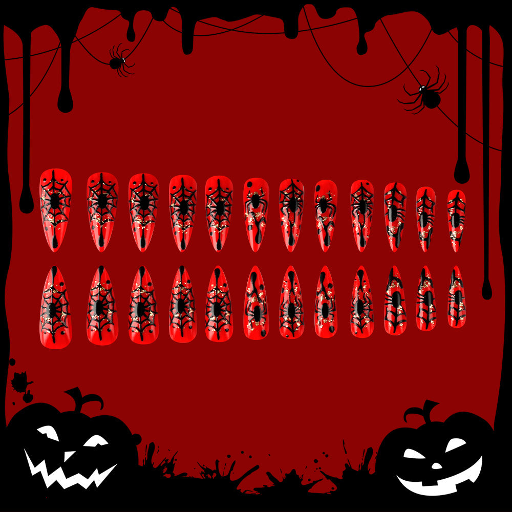 Spooky Glamour Long Almond Red with Spider Web Design Press On Nail Set