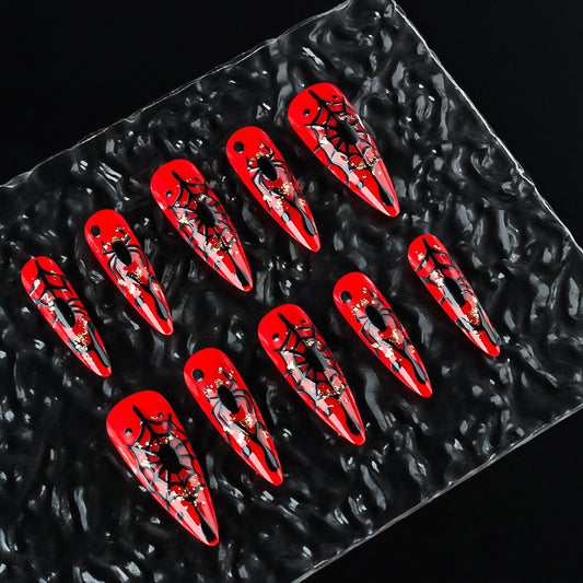Spooky Glam Red Long Almond Press On Nail Set with Intricate Spider Web Design