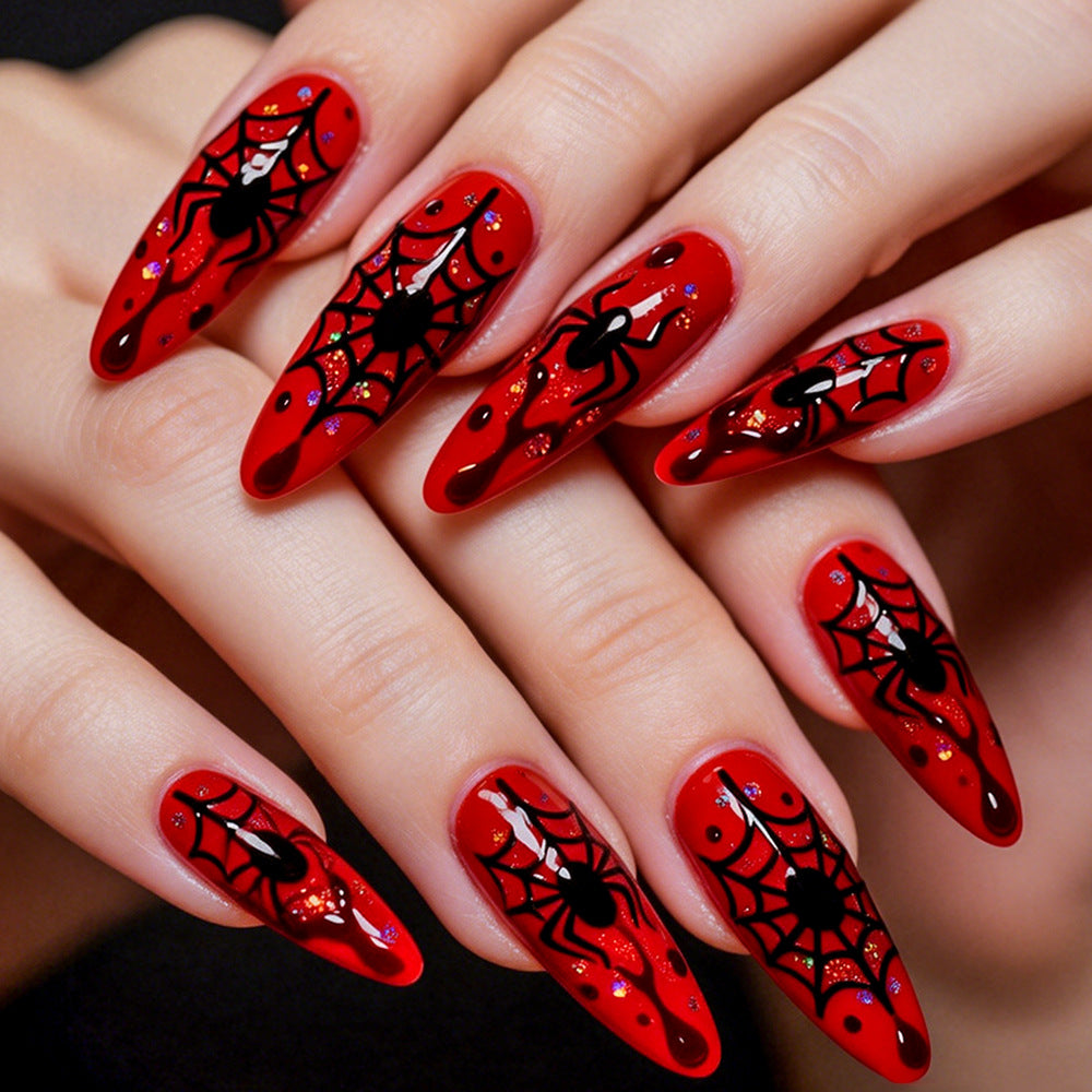 Spooky Gothic Medium Almond Red Nails with Intricate Spider Web Design