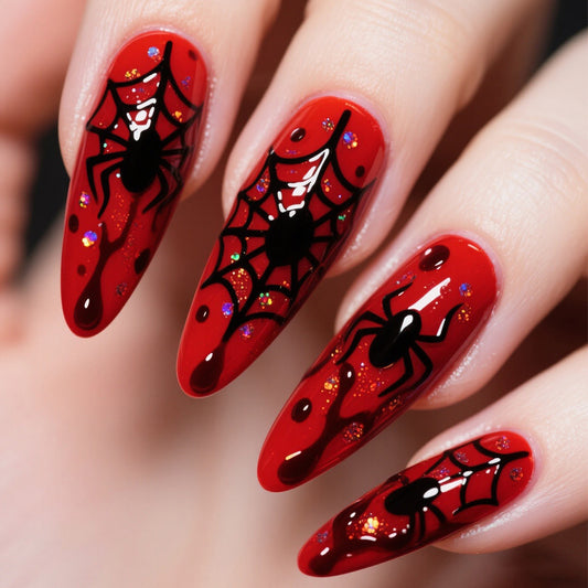 Spooky Glamour Long Almond Crimson Nails with Spider Web Design and Glitter Accents