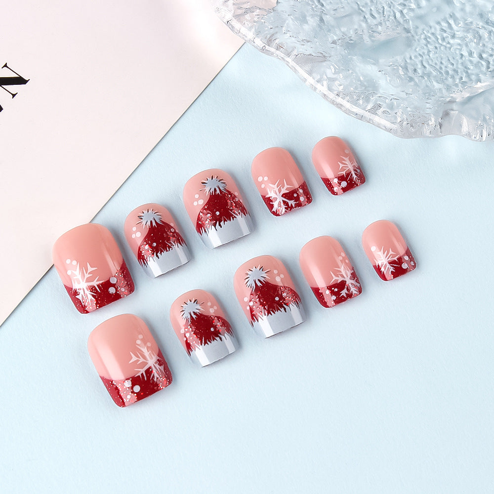 Festive Winter Wonderland Short Square Pink and Red Glittery Holiday Themed Press-On Nail Set