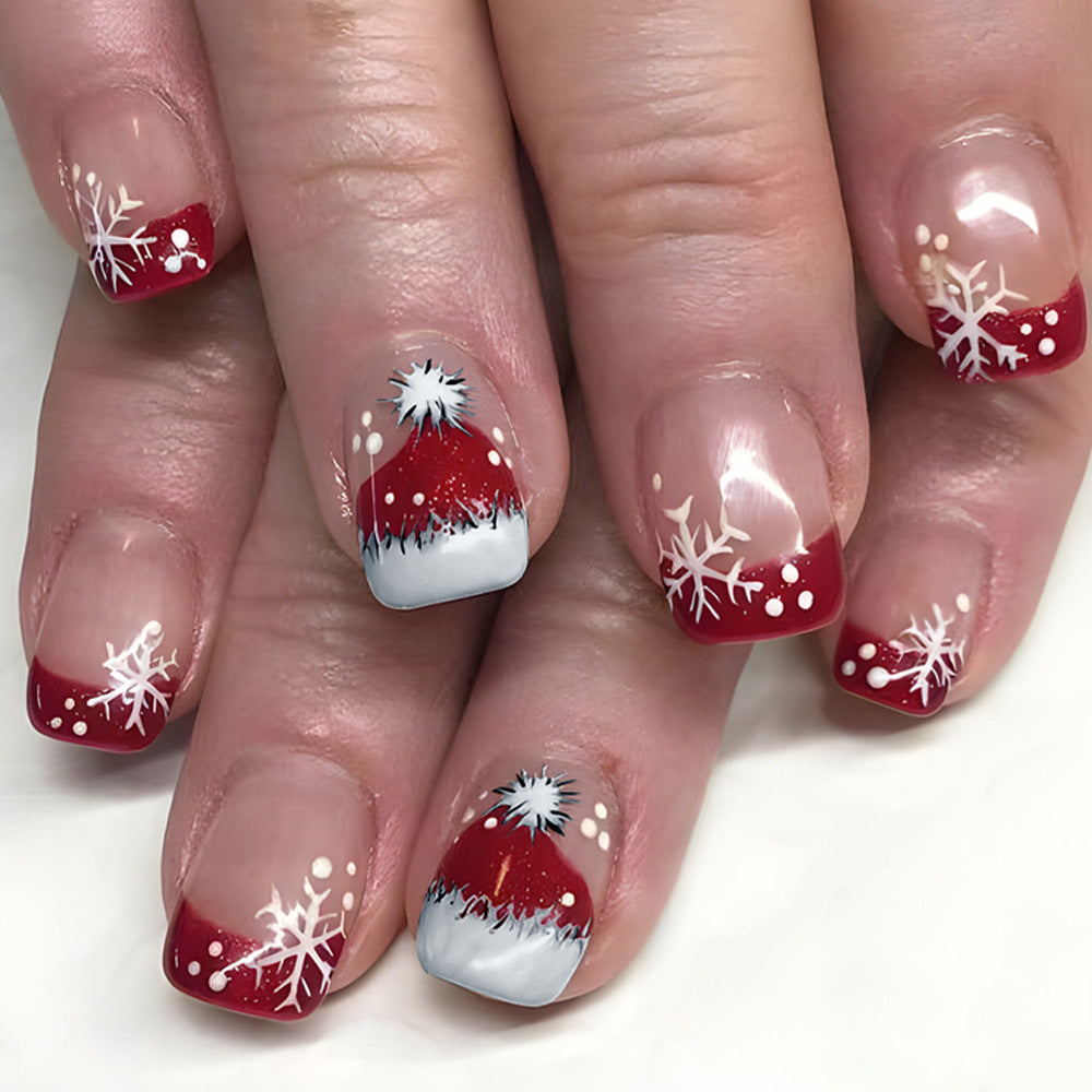 Festive Winter Wonderland Short Square Red and White Snowflake Design Press On Nail Set