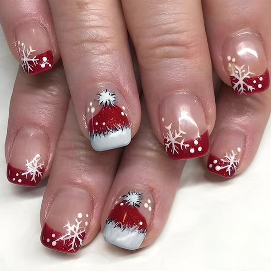 Festive Winter Wonderland Short Square Red and White Snowflake Design Press On Nail Set