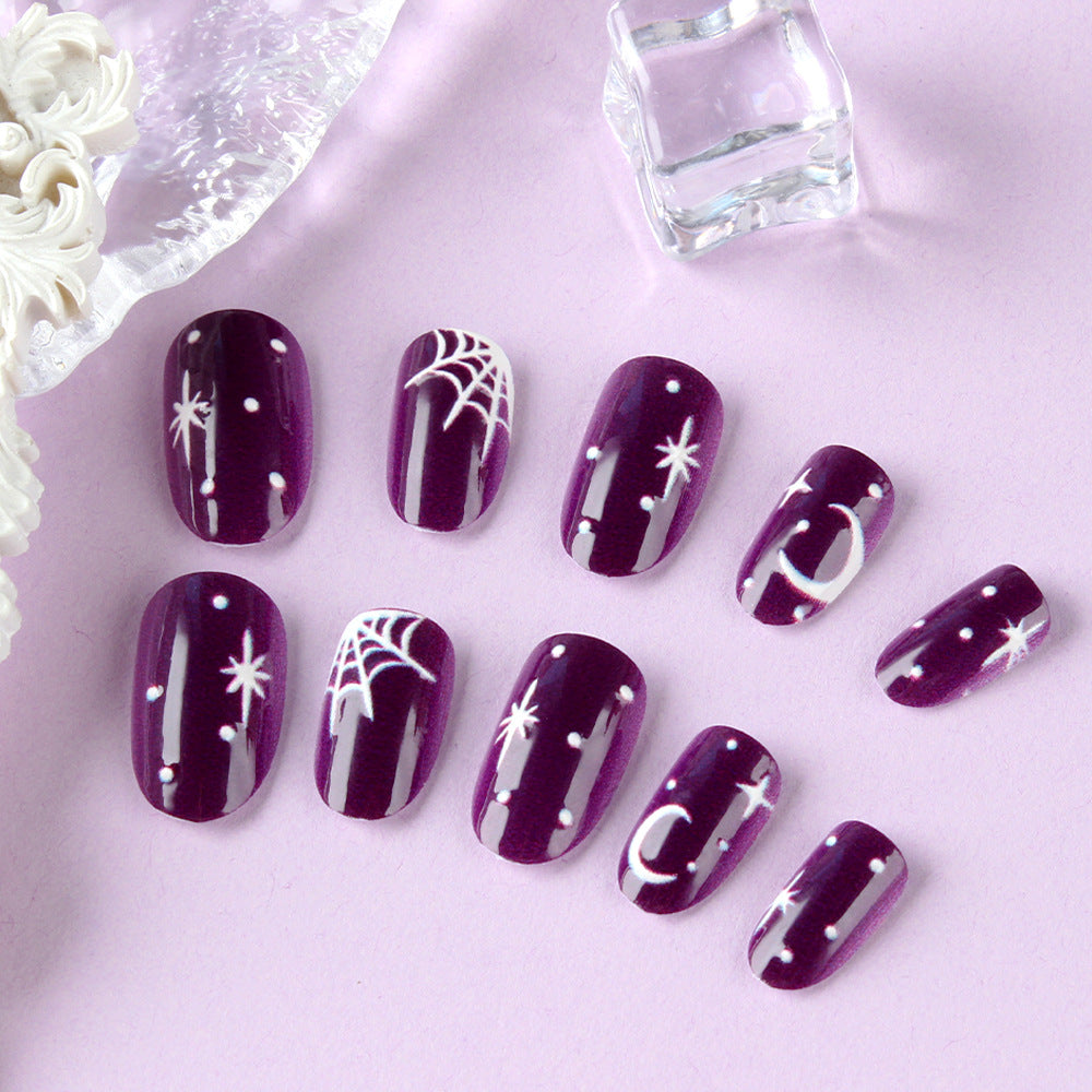 Mystical Night Dreamy Medium Oval Purple Nail Set with Whimsical Star and Spider Web Design