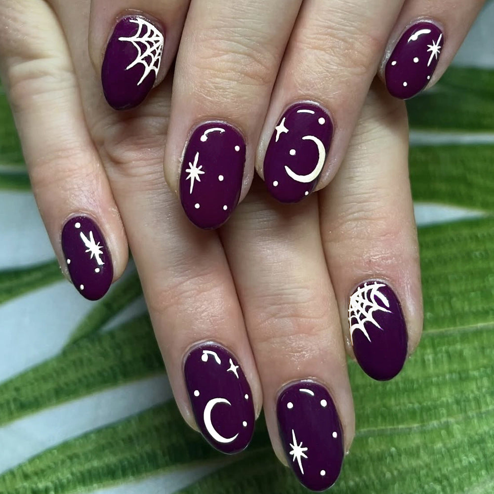 Mystical Night Sky Medium Oval Purple Nails with Celestial Designs