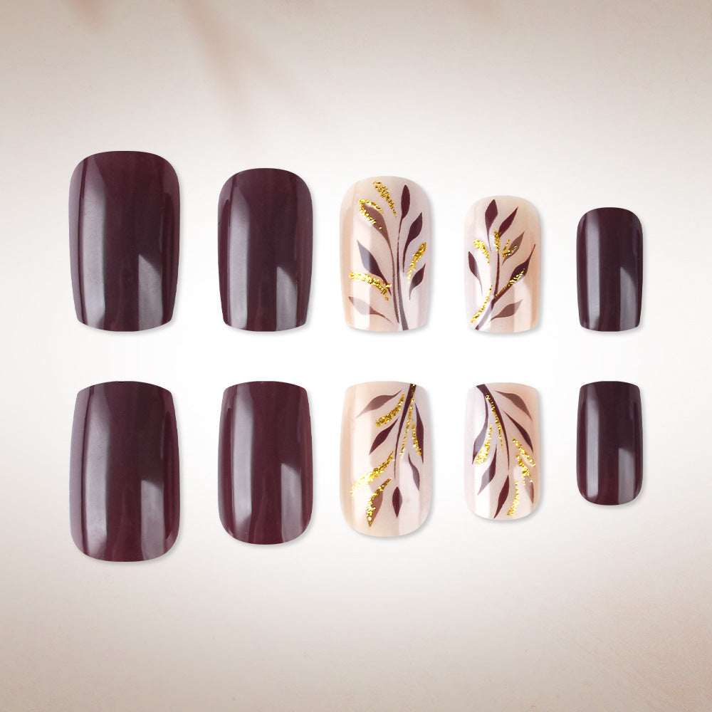 Elegant Autumn Vibes Short Square Burgundy with Floral Accents Press on Nail Set