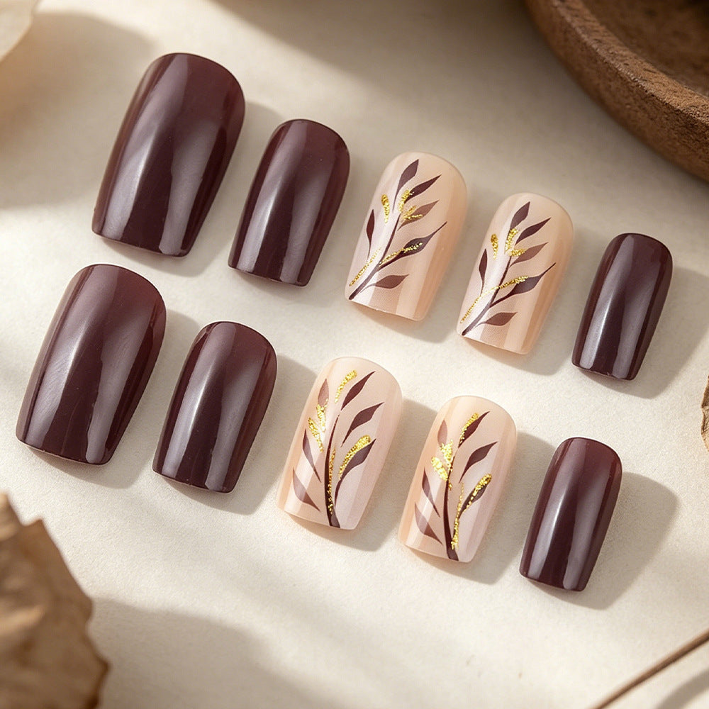 Elegant Autumn Vibes Short Square Burgundy with Gold Leaf Design Press On Nail Set