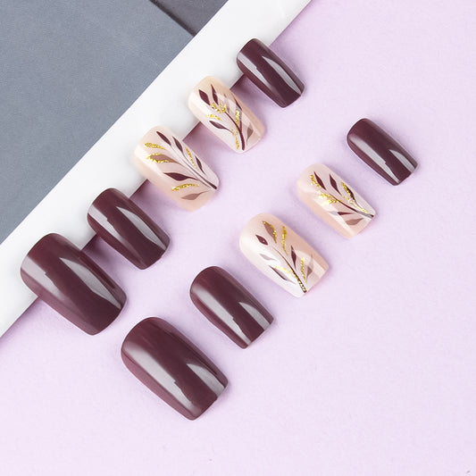 Elegant Autumn Vibes Medium Square Deep Burgundy Press On Nail Set with Delicate Leaf Design