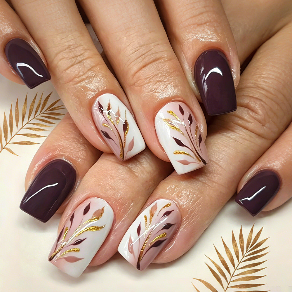 Elegant Autumn Inspired Medium Square Purple and White Nail Set with Golden Leaf Accents