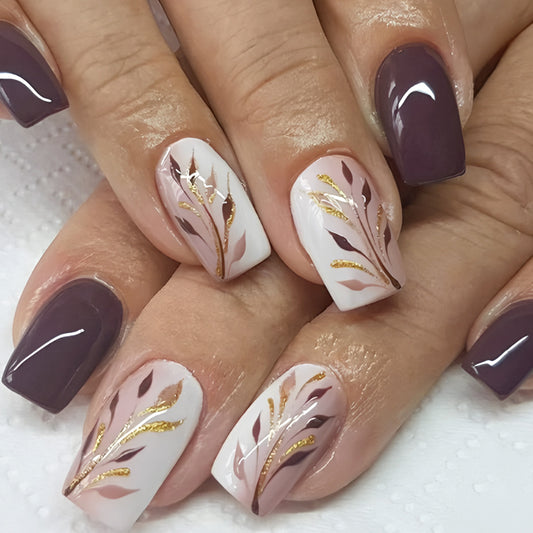 Elegant Botanical Charm Medium Square Burgundy and White Nail Set with Gold Leaf Detailing