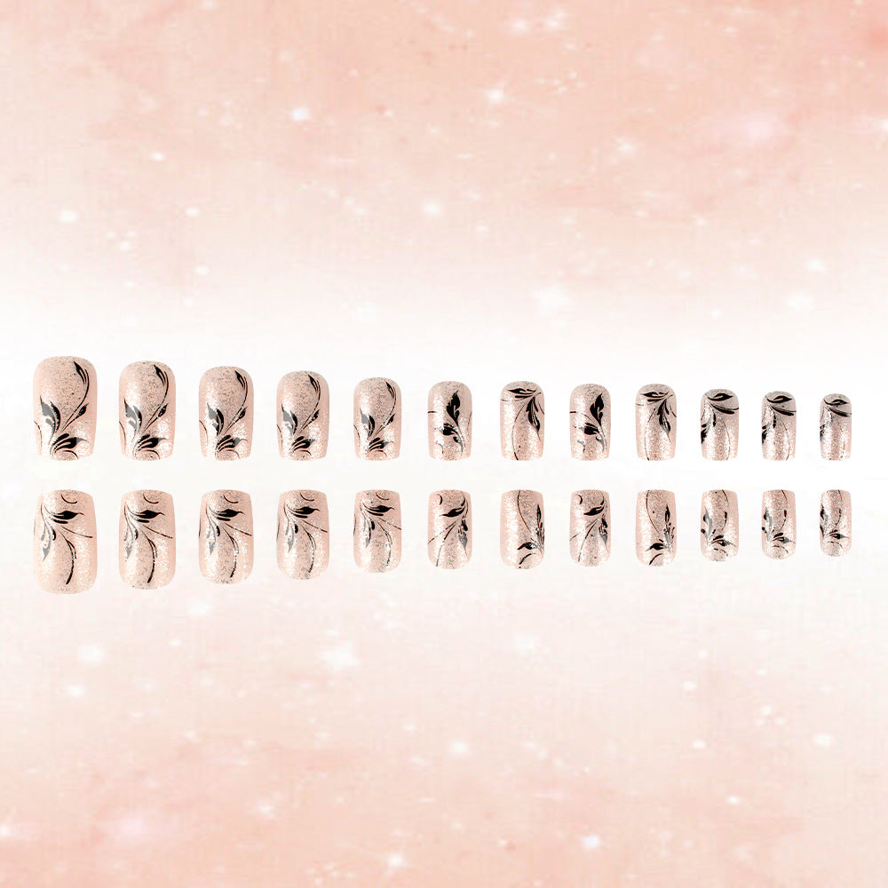 Whimsical Floral Elegance Medium Square Blush Pink with Intricate Black Leaf Design Press-On Nail Set