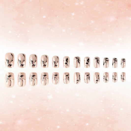 Whimsical Floral Elegance Medium Square Blush Pink with Intricate Black Leaf Design Press-On Nail Set