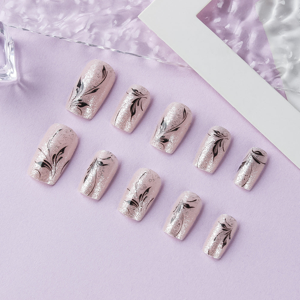 Blossom Elegance Medium Square Pink and Glittery Press On Nail Set with Floral Designs