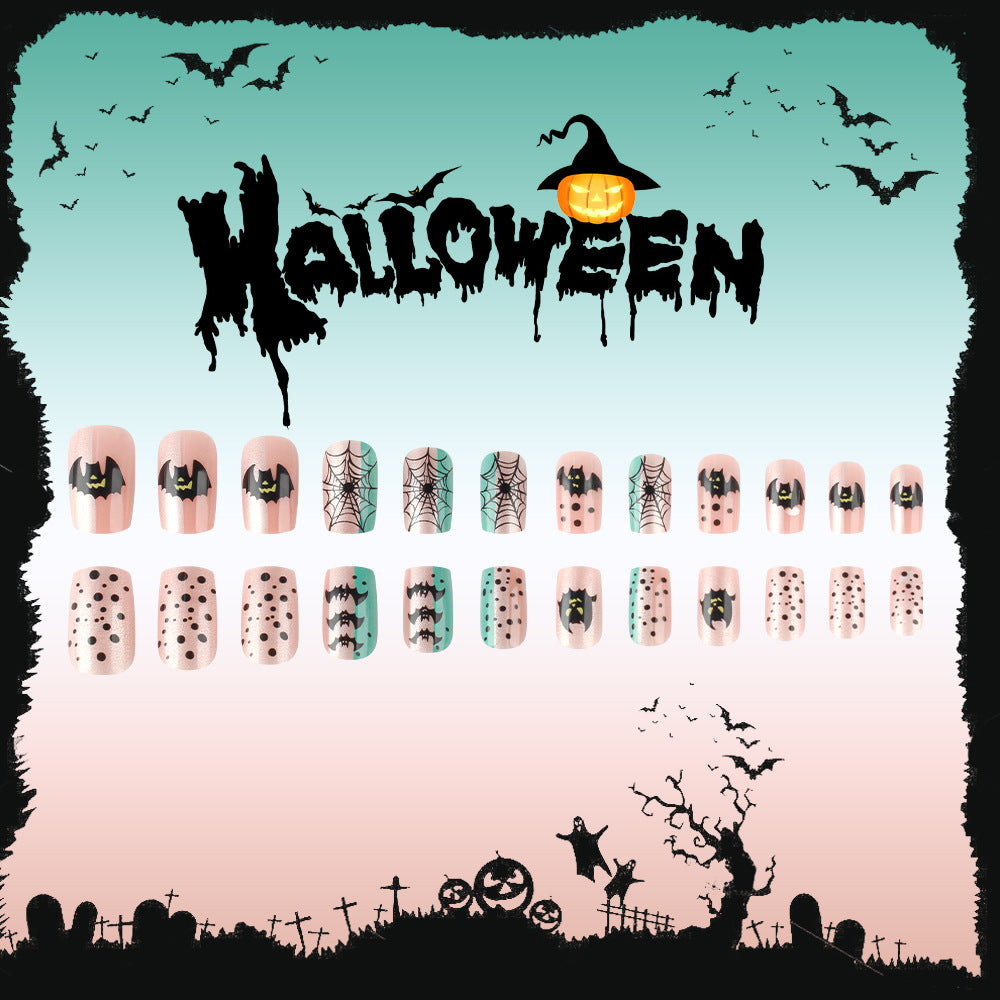 Spooktacular Halloween Medium Square Mint Green and Beige Press On Nail Set with Bat and Spider Web Designs