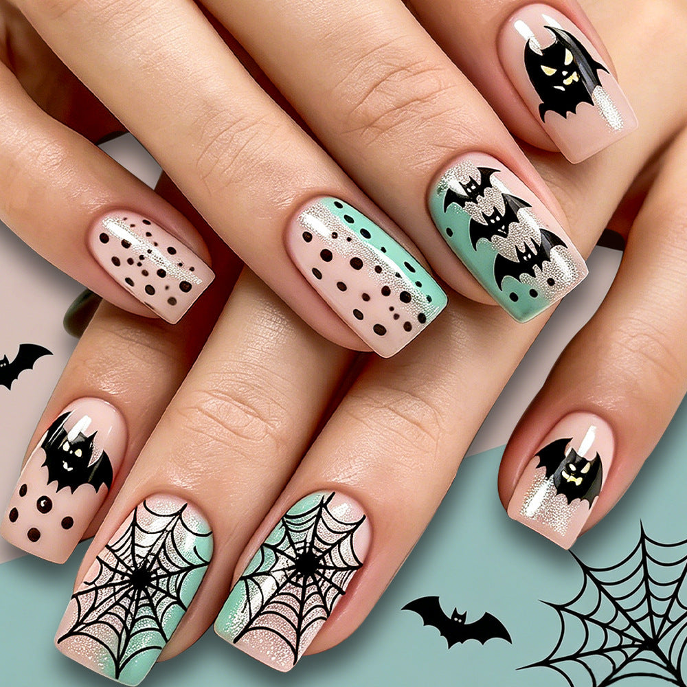 Spooky Elegance Medium Square Mint Green with Bat and Spiderweb Design Press On Nail Set