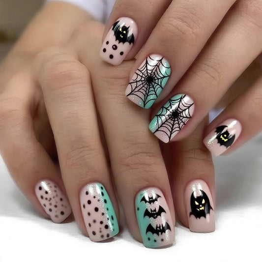 Spooky Halloween Inspired Medium Square Pastel Pink with Bat and Spider Web Designs Press on Nail Set