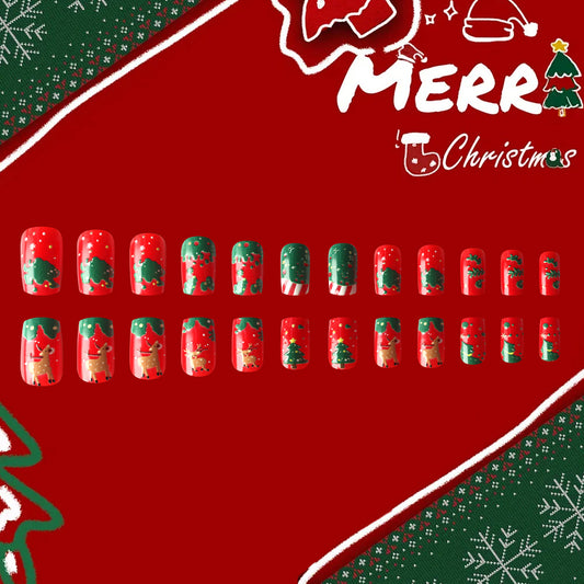 Festive Holiday Press On Nail Set Medium Square Red and Green with Charming Christmas Tree Designs