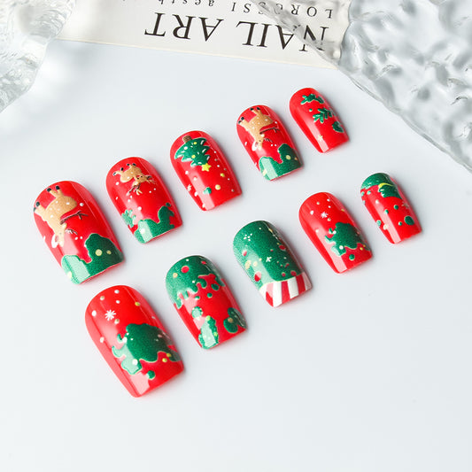 Festive Cheer Medium Square Red Green Christmas Theme Press on Nail Set Featuring Glittery Holiday Designs