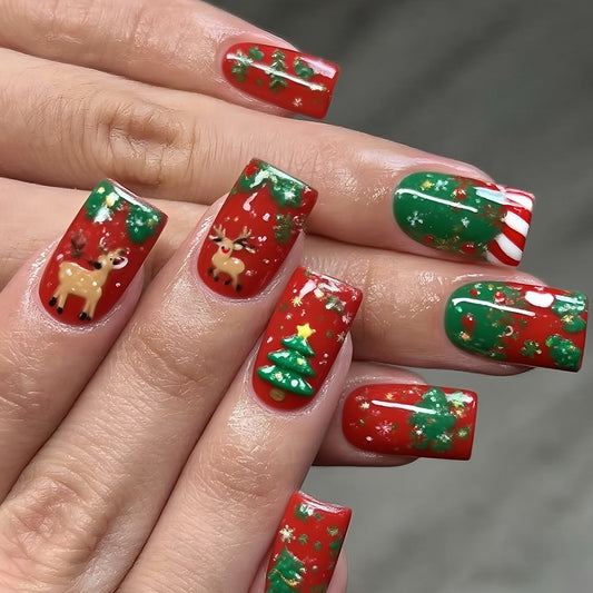 Festive Wonderland Medium Square Red Green Nail Set with Charming Holiday Designs